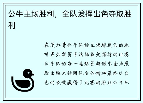 公牛主场胜利，全队发挥出色夺取胜利